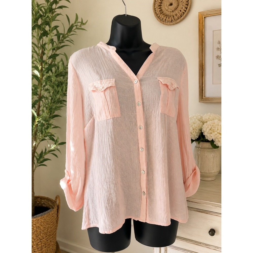 Notations Blush Pink Lace Gauze Button Down Blouse Cottagecore Large